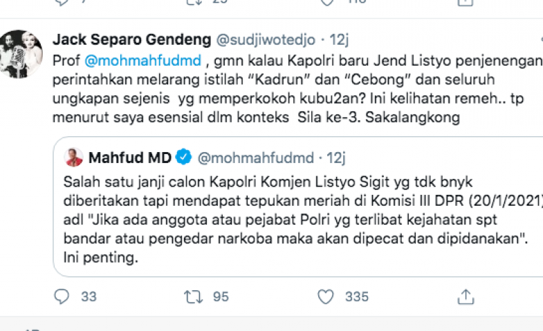 Sujiwo Tejo Minta Menkopolhukam Perintahkan Kapolri Listyo Sigit Prabowo Larang Istilah Kadrun dan Cebong
