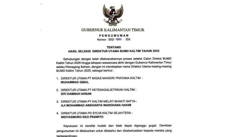 4 Direktur Utama BUMD Kaltim Resmi Ditetapkan, Berikut Ini Daftar Lengkapnya!